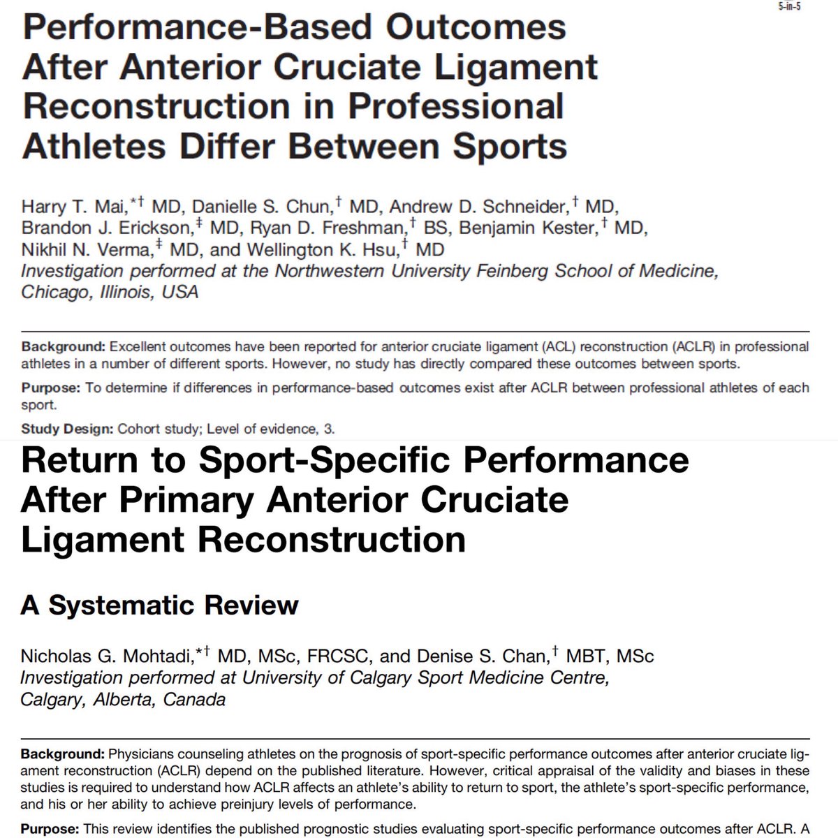 Does ACLR impact future performance? Two great studies by Mohtadi et al AM J Sports Med 18 and Mai et al Am J Sports Med 17 show that it does and is dependent on sport. Preventing ACL injuries not only saves joint health but also IMPROVES performance. #ACLPlayItSafe #ViPerformAMI