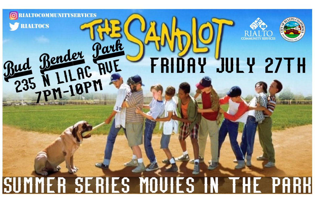 Our final movie night for the Summer is here! Join us for a screening of The Sandlot at Bud Bender Park ⚾️ #moviesinthepark #parksmakelifebetter #thesandlot #thesultanofswat #thekingofcrash #thecolossusofclout #BABERUTH #THEGREATBAMBINO