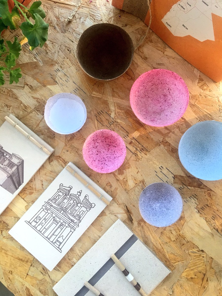 Some of the amazing locally hand made products available on <a href="/souqfann/">SouqFann</a> website 
Souq fann features eco friendly items like these bowls that are made of recycled paper and natural dyes.  #onlinestore #jordan