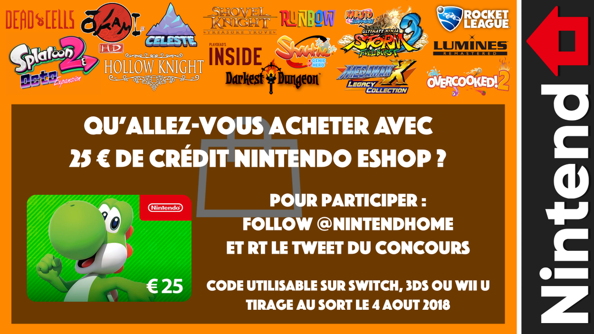 NintendHOME's tweet image. 🎁 Concours – 25 € de crédit Nintendo eShop, il y a mille et une façon de s'en servir. Ça tombe bien, on vous fait gagner un code 25 € à utiliser comme vous voulez ! Follow @NintendHOME et RT ce tweet pour tenter de le remporter !