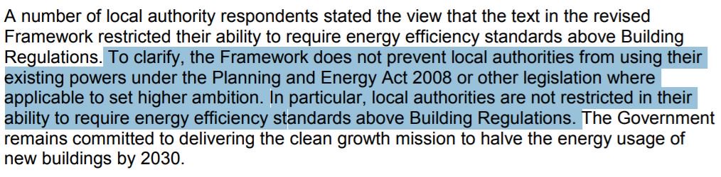 RachelCoxcoon's tweet image. Finally - today's Government response to #NPPF consultation shows that local authorities can definitely set higher building #energyefficiency standards than building regs (and crucially, that they always could). tinyurl.com/y9p3jmt8Q33 , Pg48