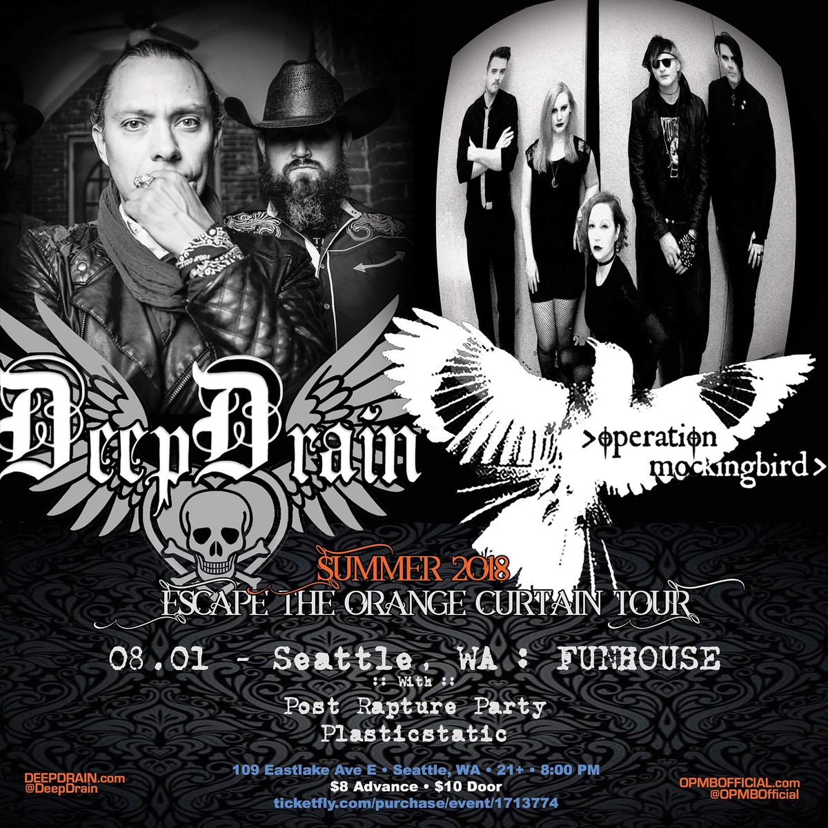 PostRaptrParty's tweet photo. Next show is August 1st. We're opening for some amazing bands @opmbofficial @Deepdrain and @_plasticstatic_ Join us @FunhouseSeattle. 21+ $8 adv 8PM #goth #metal #seattle #postrock #shoegaze #gothmetal #gothrock #synth #synthwave #darkwave #seattlemusic #seattlegoth #seagoth https://t.co/vP62qF3Dip