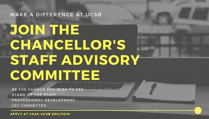 ucsbcsac's tweet photo. Ever wonder who is behind these social media channels? Join the Chancellor's Staff Advisory Council to help us make the lives of #UCSB staff better! 

Any staff member can nominate themselves or be nominated by a fellow UCSB employee. https://t.co/eXmOVb4PRv