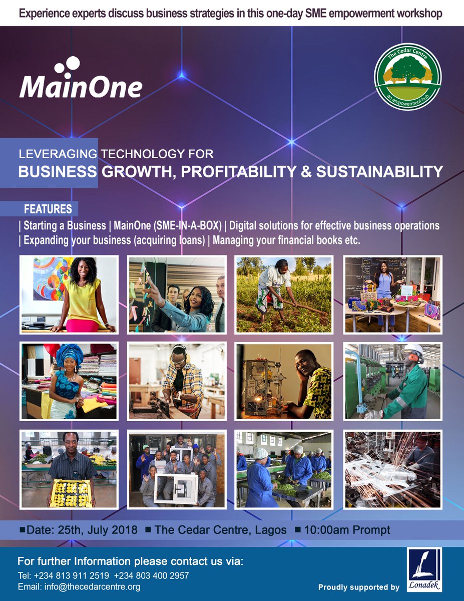 LonadekInc's tweet image. Few hours to the one-day free networking training offered by Lonadek, @CedarSTEMHub in collaboration with @Mainoneservice for small and medium enterprises (SMEs).
Venue:  12 Jibowu Street, Jibowu Yaba.
TIme: 10am to 2pm.

We look forward to seeing you!
#TechForProfit #Lonadekinc
