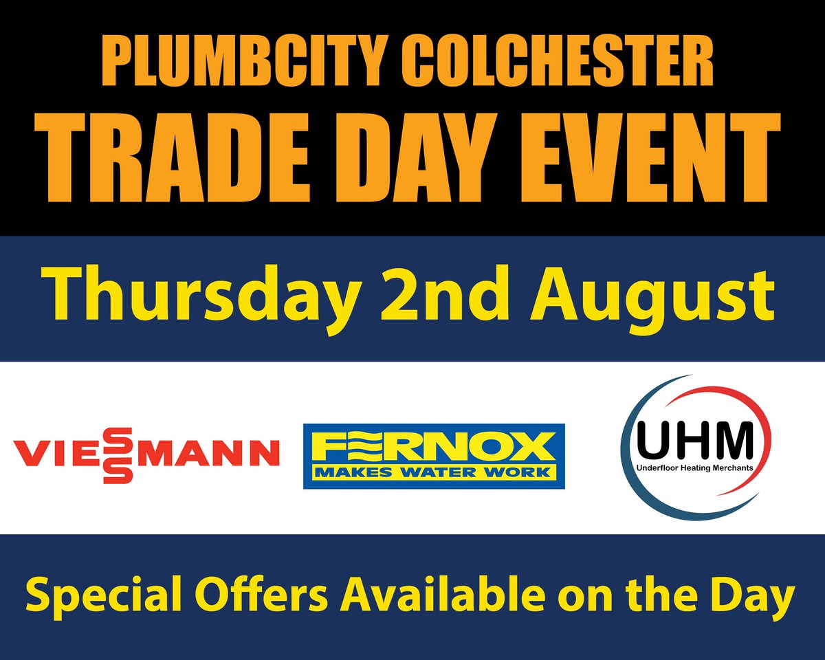 Plumbcity's tweet photo. Plumbcity Colchester will be having a special trade day August 2nd. 2pm to 8pm. @ViessmannUK @Fernox and Underfloor Heating Merchants will be amongst the large number of Manufacturers attending. https://t.co/SNQpSiktaX