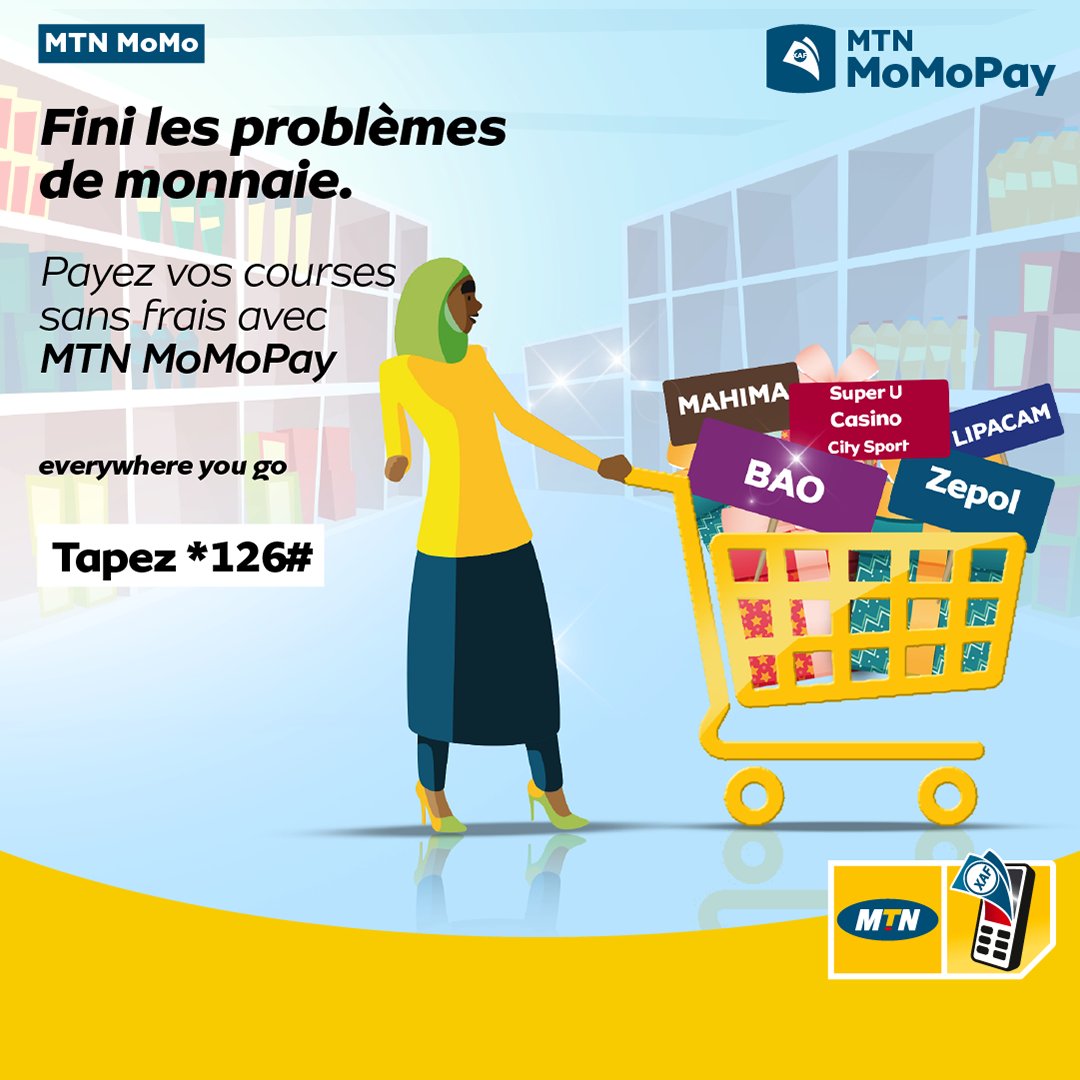 Y'ello! Désormais, tu n'as plus besoin de gérer les problèmes de monnaie ou alors de marcher avec du cash quand tu vas faire tes courses au supermarché. 
Avec MTN MoMo, tu peux régler tes factures à la caisse sans frais supplémentaire.😊 Tape *126# #FaisUnMoMo