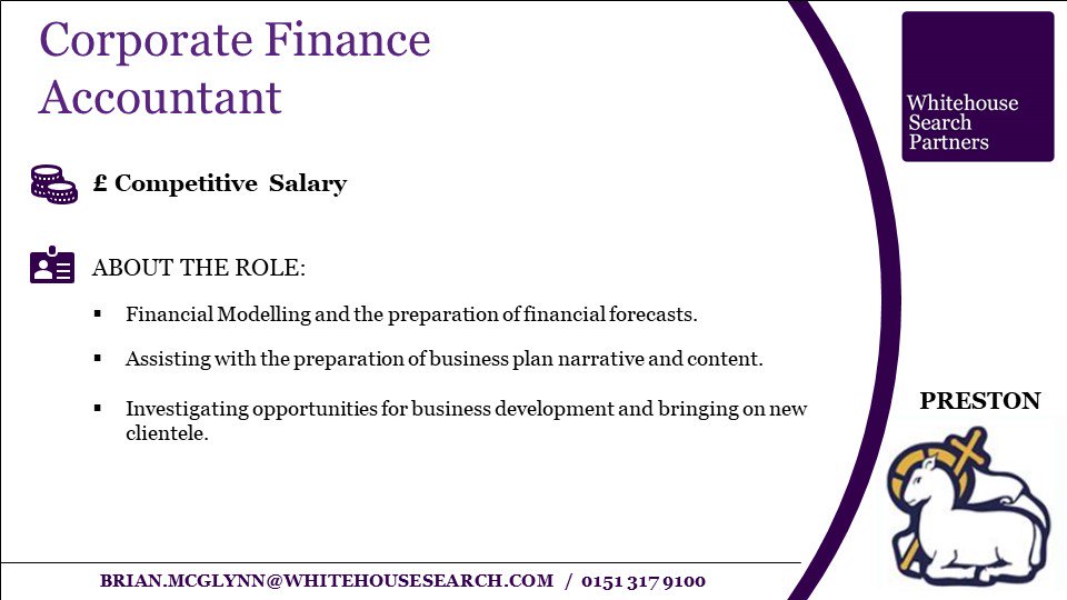 #NewRole - #CorporateFinance #Accountant. £ Competitive Salary. #Preston. Join a leading accountancy practice! #Prestonjobs #financejobs #accountantjobs

whitehousesearch.com/job/corporate-…

Contact Brian for more details...