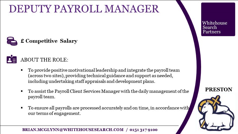 #NewRole - Deputy #PayrollManager. £Competitive Salary. #Preston. A perfect opportunity for a payroll expert looking for the next step up. #payroll #accountancyjobs #prestonjobs 

whitehousesearch.com/job/deputy-pay…

Contact Brian for more details...