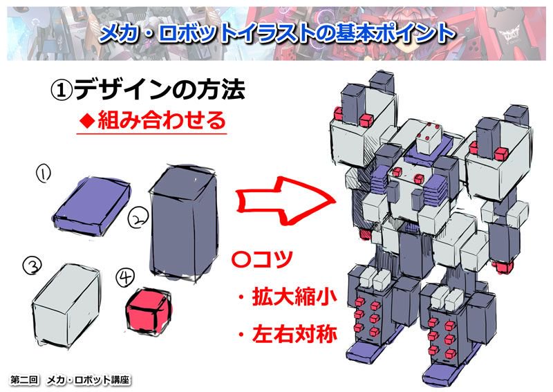 お絵かき講座パルミー 春割開催中 Ar Twitter メカデザインの基本は六面体 立方体 から 4つ以上の小さな六面体のパーツをつなげて 自分だけのロボットを作っていきましょう T Co Xbjgxvcayu T Co Pzsikjyc5x Twitter