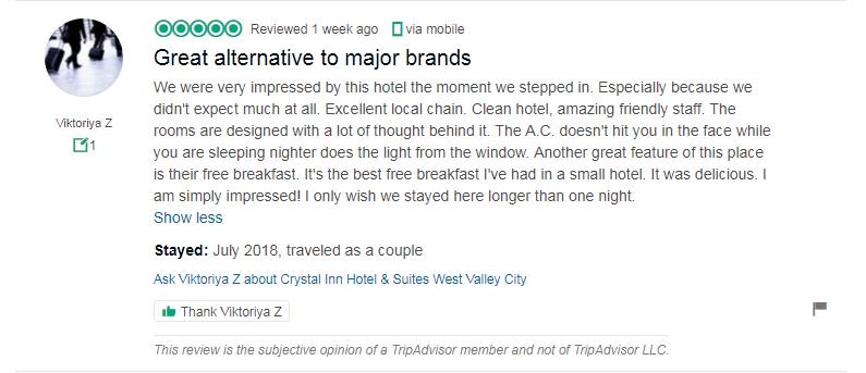 Crystal_Inns's tweet photo. Thank you Viktoriya Z for your kind review on @TripAdvisor about our @Crystal_Inns West Valley City. We hope to see you again in the future!

#weloveourguests #TripAdvisor #TravelTuesday https://t.co/4TTxL1Un4S