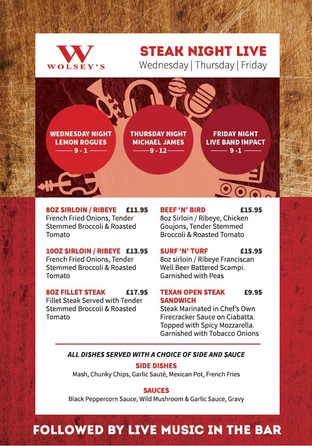 WolseysTheBar's tweet photo. Say hello to our new Steak Night menu, now available Wednesday - Friday! https://t.co/iWqpo62Fe0