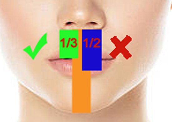 Here's a problem I see often: artists place the mouth-line (where the lips meet) halfway between the nose and chin. You can see how weird that looks on the face at the right side of the first attached image. The mouth-line should be 1/3 down from the nose (see face on the left).