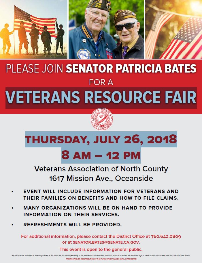 Sdmac_Official's tweet photo. VETERANS RESOURCE FAIR, Thursday, July 26th, 2018 from 8am–12pm.
For additional information, please contact the District Office at 760.642.0809 or at senator.bates@senate.ca.gov. This event is open to the general public. #sandiego #veterans #usmc #usn #usarmy https://t.co/xUilpIvglu