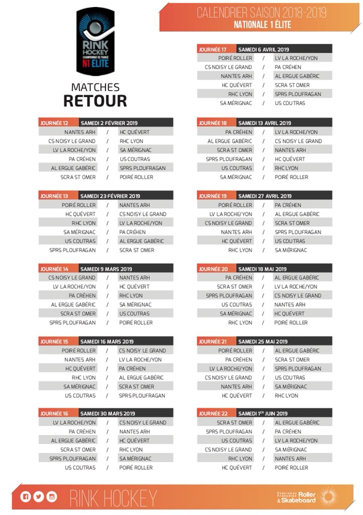 OFFICIEL ⚠️

Le calendrier de la saison 2018/2019 de la N1 Élite 🔥

Qui succédera au Hc Dinan Quévert ⭐️

À vos pronostics 💥

#RinkHockey #N1Elite