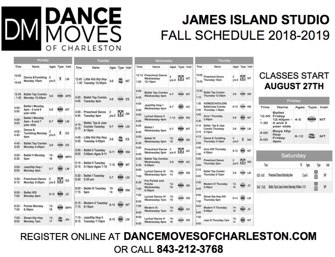 DanceMovesCHS's tweet photo. Guess what dancers? It's time to register for fall classes!!
 Throughout this week we will be posting our schedules for all our studio locations and traveling classes. First we have our James Island Studio!! Register online at https://t.co/m9P5EBsH6p #DanceMovesCHS https://t.co/5T4vqvgP4g