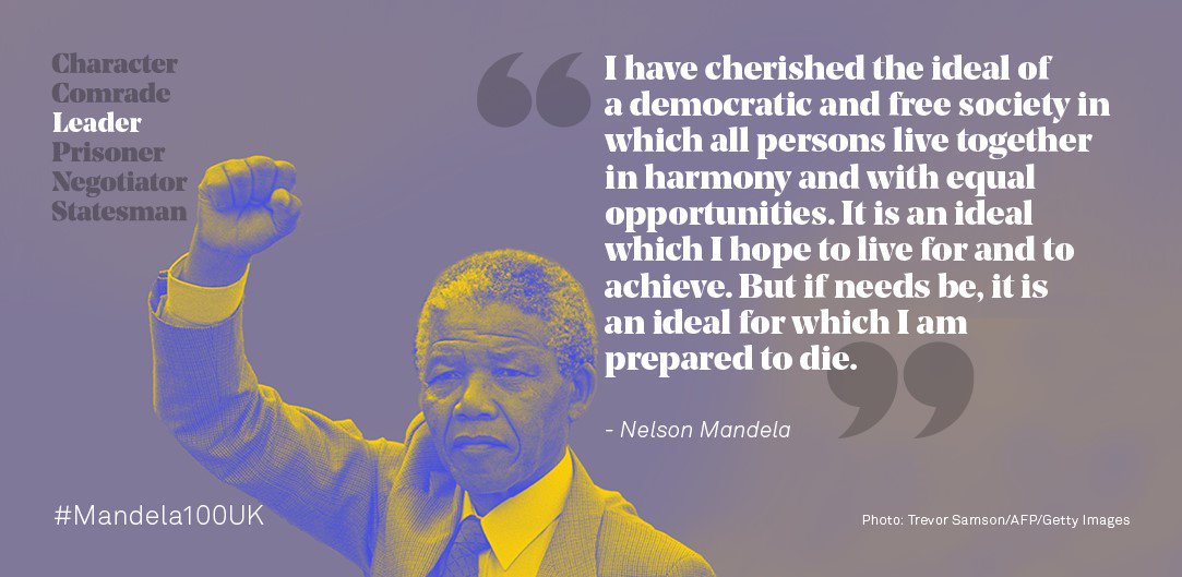 Mandela100UK's tweet photo. Mandela spoke these words in The Rivonia Trial to the dismay of his lawyers who believed they could be taken as an invitation for death sentence. Instead he &amp; 7 key ANC leaders were sentenced to life imprisonment. Find out about Mandela the #Leader @southbankcentre #Mandela100UK https://t.co/QqPyLhWtun