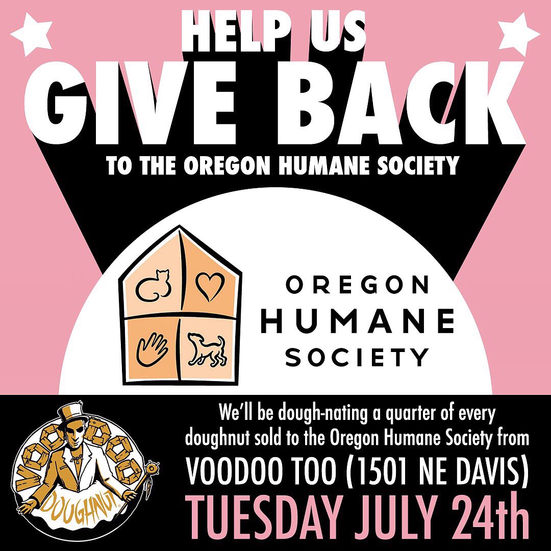 VoodooDoughnut's tweet photo. We’re dough-nating a quarter of every doughnut sold #TODAY to the @OregonHumane from our #VoodooToo shop in #Portland!!! So come down and grab a doughnut or two or three or a dozen and help us give back to our #community!!
#oregonhumanesociety #portland #pdx #portlandoregon https://t.co/ofYe18SnqB