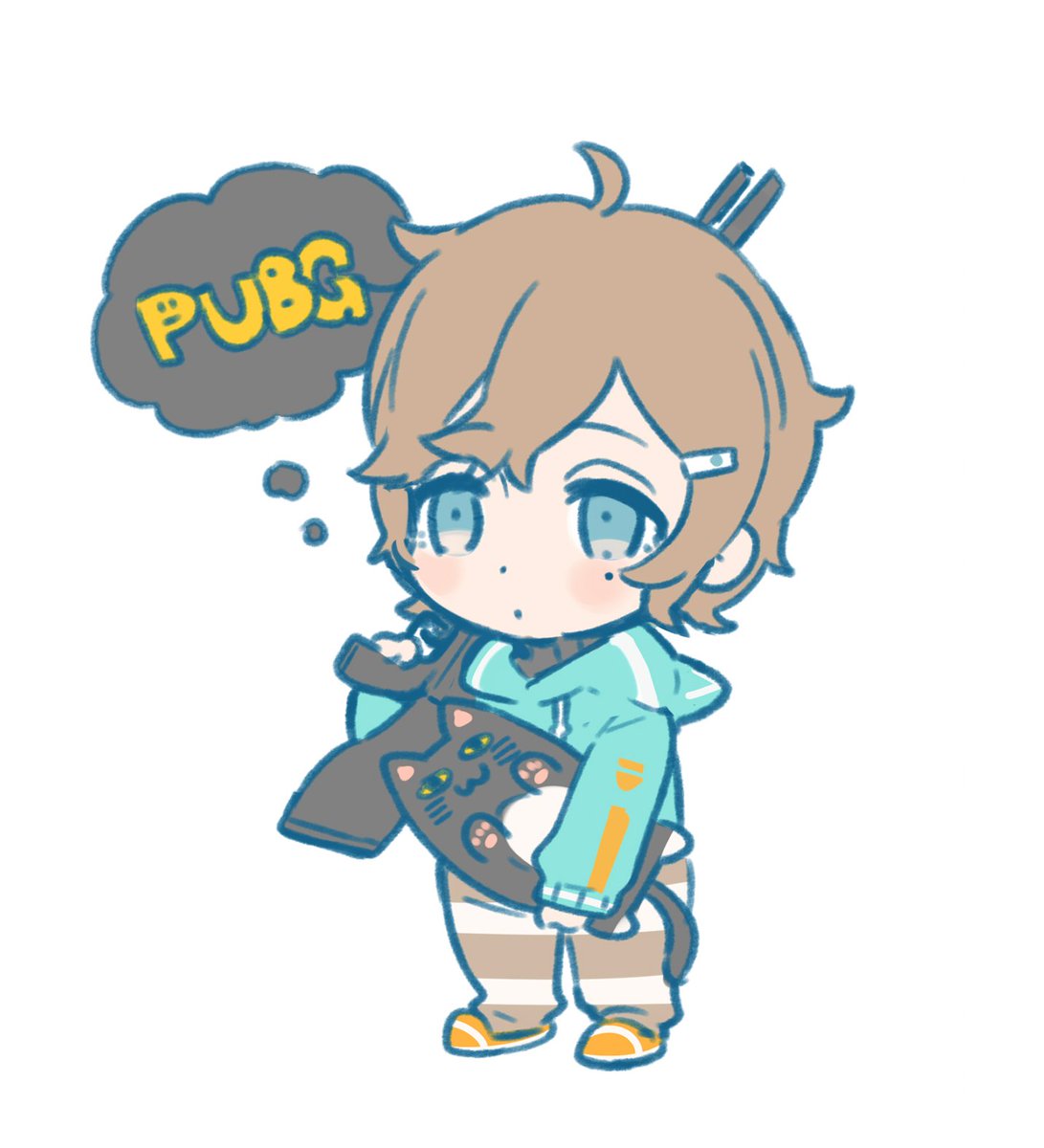 1boy male focus solo holding weapon gun chibi  illustration images