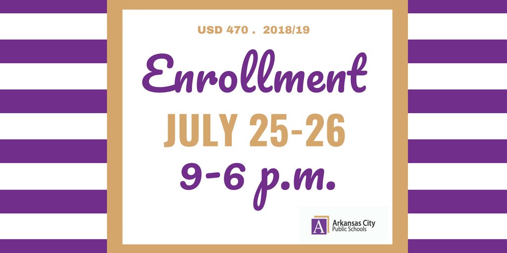 ArkCitySchools's tweet photo. Each of our schools will be open for enrollment July 25/26, 9-6p.

All new students should bring current immunization records, birth certificates, and proof of residential address.

For more information, please visit https://t.co/R9CnZUaH1H. https://t.co/SYqMFOP232