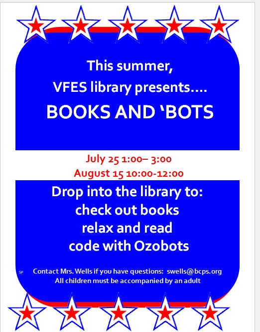 swells138148's tweet photo. @VincentFarmBCPS remember to stop by for our Summer Library Hours tomorrow 1:00 - 3:00! Check out books, relax and read, and code with Ozobots! @BCPSLMP #bcpslis #wearevincentfarm https://t.co/L6oFJXLYhp