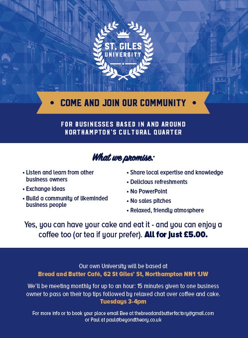 St Giles University is up and running - proud to be part  of our first meeting held @TheBandBFactory #Northampton today. Big thnx to Gary from <a href="/ChapsDerngate/">Dapper Chaps</a> for being our first case study/sharer. Everyone learnt lots and lots. Next meeting <a href="/VoniBluFashion/">Voni Blu Fashion</a> next month...