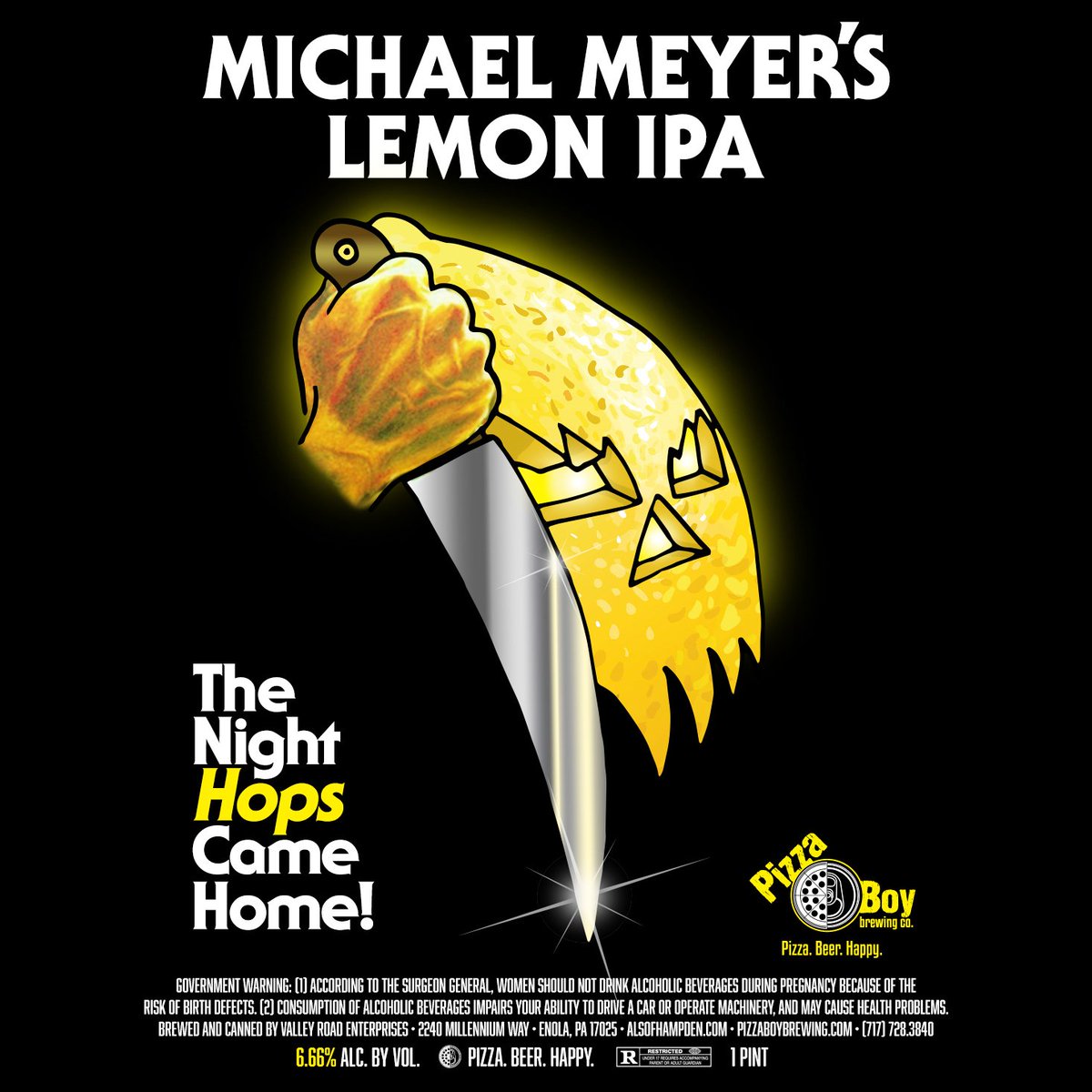 PizzaBoybrewing's tweet photo. On Tap Later Today, Michael Meyer's Lemon IPA. A hazy, citrusy, dank but supernaturally crushable treat at 6.66%, you're going to want to take a stab at this one. Don't lurk in the shadows for too long or you'll miss it. #pizzabeerhalloween #killerbeer #halloweeninjuly🍕🍺🎃🍋🔪 https://t.co/usLIiNuG3a