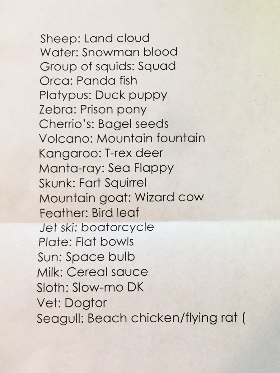 SheRoamsAbout's tweet image. I just found this on the printer unexpectedly.  

How things SHOULD be named according to my 9 year old. 
#kidcomedy #whatsinaname #names #animalnames #momlife