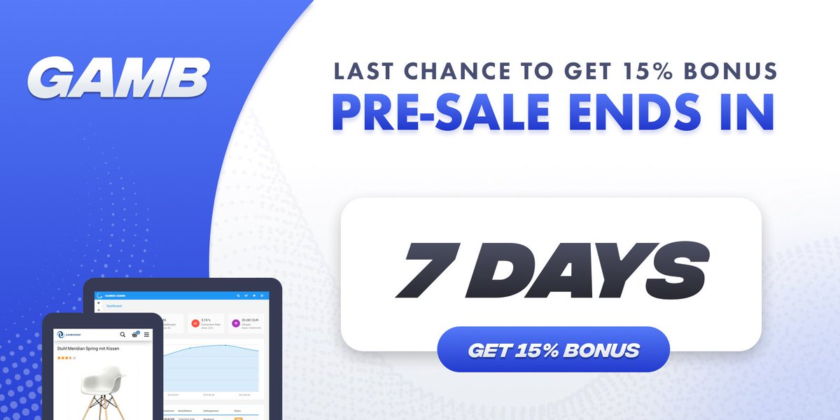 GAMBproject's tweet photo. #Gamb PRE-SALE ends in 7 days! Limited time to get your 15% bonus! 
>80% sold out! 

Know more about #Gamb here:
https://t.co/avF13T4nbX https://t.co/EkXDMwPhef
