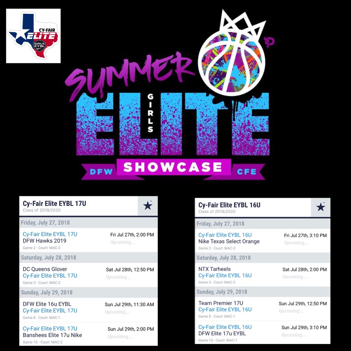 CFEliteSports's tweet photo. Cy-Fair EYBL 17u & 16U Schedule
Date: Jul 27 - 29, 2018
Event: Summer Elite Showcase
Location: The Mac
200 Continental Dr
Lewisville, TX 75067
#Nike #LetTheRiseBegin https://t.co/glkNx7A7LF