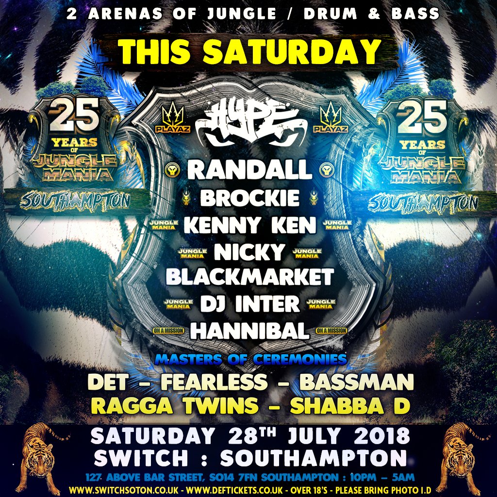 junglemaniauk's tweet photo. 25 Years of @junglemaniauk #Southampton Edition @switchsoton Saturday 28 July 2018 https://t.co/QWPB1ERPEh … In association with @Junglistnetwork #LeaderzOfTheNuSkool #AudioAssault 2 Arenas of #Jungle &amp; #DrumAndBass #DnB https://t.co/7lPMJdzy2i
