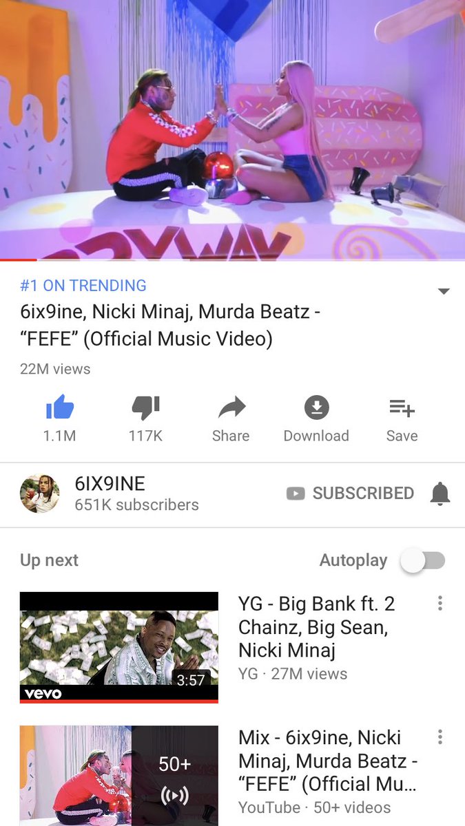 JakeZolanskii's tweet photo. Still No. 1 tending. Over 22M views. 1.1M likes. The king and queen on NY r fucking killing it. #queen #NickiMinaj #nicki #FEFEmusicvideo #6ix9ine https://t.co/jDaVTpyExc