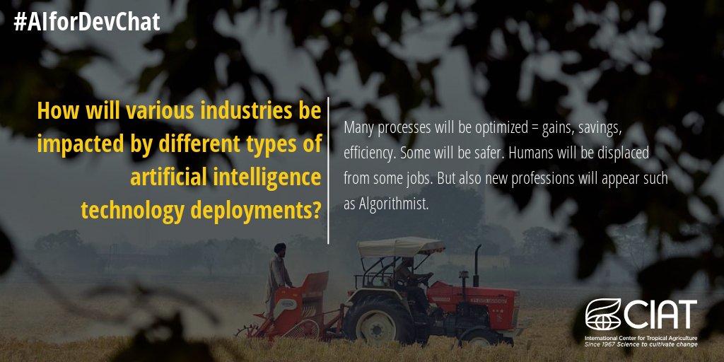 BiovIntCIAT_esp's tweet image. A4: Many processes will be optimized = gains, savings, #efficiency. Some will be safer. Humans will be displaced from some jobs. But also new professions will also appear such as #Algorithmist as suggested in g.co/kgs/K6REuN  #AIforDevChat @USAID_Digital