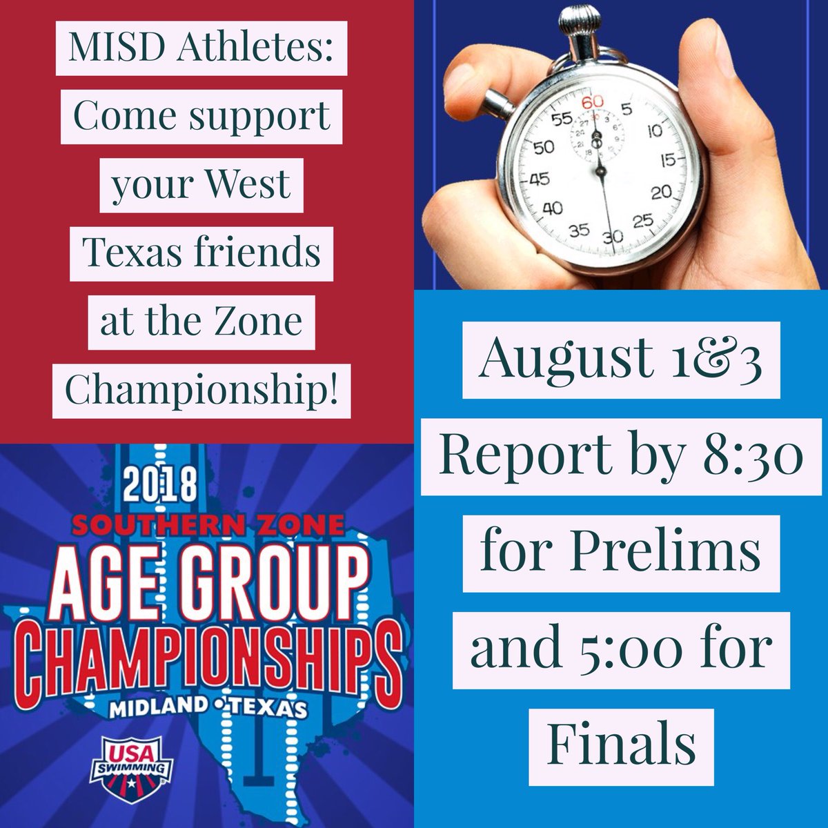 MISD Swimmers &amp; Divers: come support your West Texas friends at the Zones meet! We need timers on August 1st &amp; 3rd.