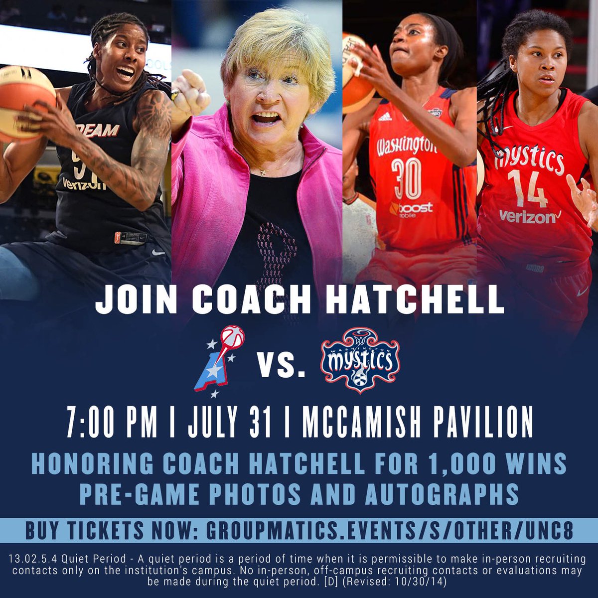 uncwbb's tweet photo. 1️⃣ week from today, @UNCWBBCoach will be honored by the @AtlantaDream ! She will also be in town cheering on #ProHeels ! Hope you can join us! https://t.co/vMPyfGbMpY