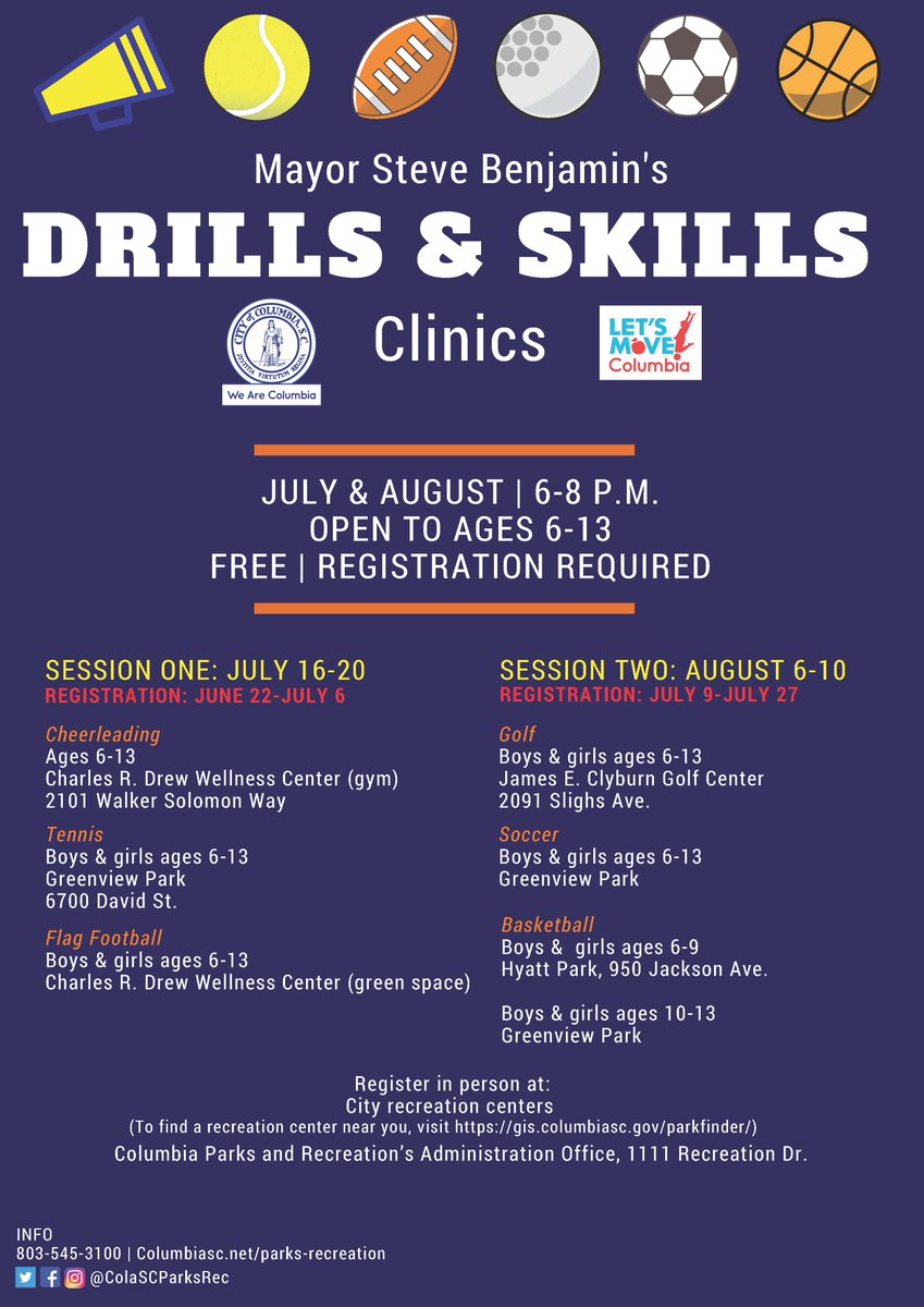 ColaSCParksRec's tweet photo. This Friday is the last day to sign up for Mayor @SteveBenjaminSC's Drills & Skills Clinics featuring golf, soccer & basketball. Complete your registration form today! https://t.co/9sOfzsDyj6 @TheCaptain_03 #DiscoverJuly #playexploregrow #youthsports https://t.co/SUYfmIkuwC