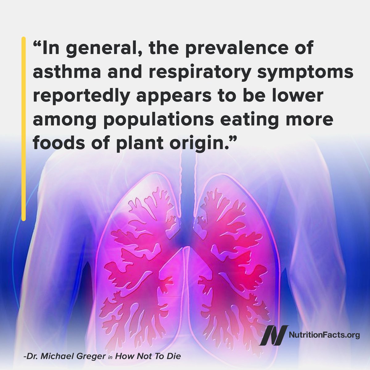 Increasing fruit and vegetable consumption to seven servings a day appears to cut asthma exacerbation rates in half, whereas restricting consumption to Standard American Diet levels leads to a significant worsening of lung function and asthma control: bit.ly/2KcX0N6