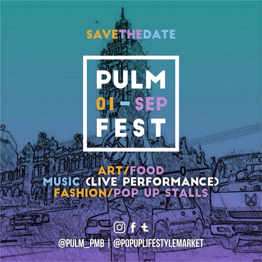 PULM_PMB's tweet photo. •| SAVE THE DATE |•
PULM FEST
Save The Date : 01 Sep 2018
More Details Yet To Follow
#PULM01Sep18 #PULM #streetcuture #waves #fashion #photography #bloggers #food #shades #spovagang #coolkids #vintage #youth #youthculture #gangular https://t.co/ShxnArl4Uc