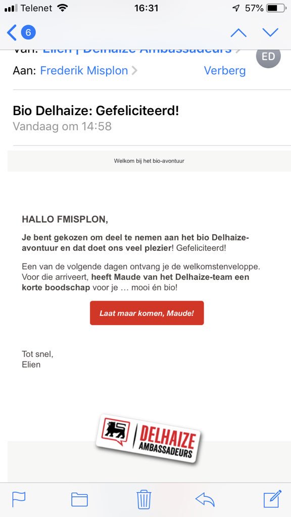 FMisplon's tweet photo. Joepie. Ik ben geselecteerd om de bio-producten van @DelhaizeBelgium te testen en te reviewen. Ben benieuwd. #delhaizebio #delhaizeambassadors https://t.co/uzT2phWSt5