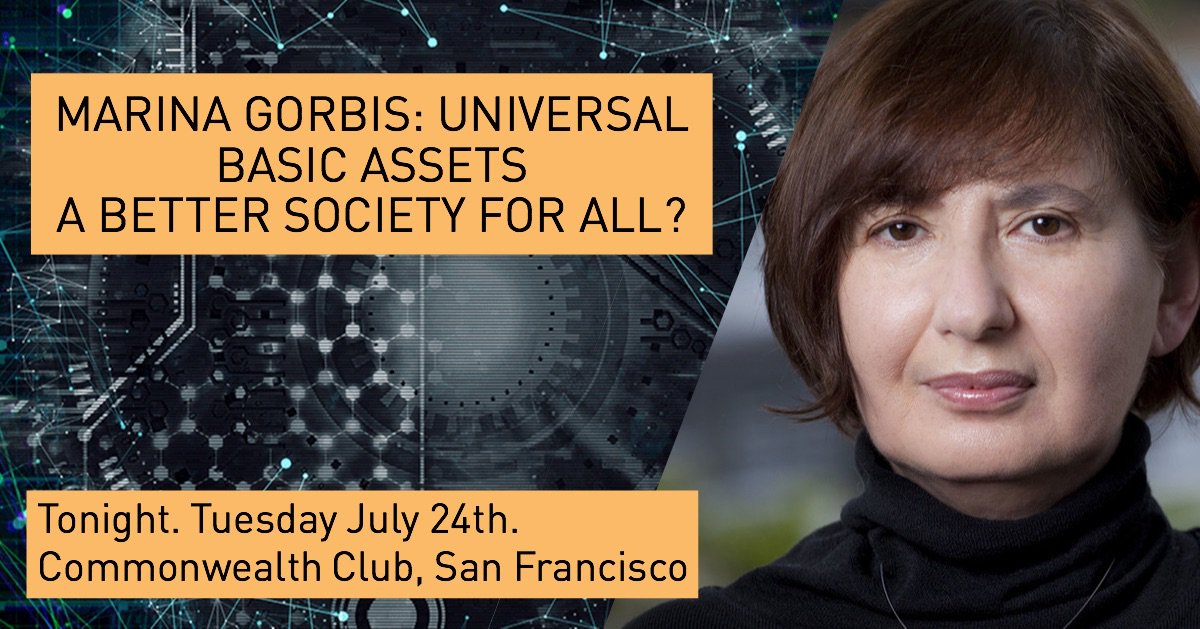 iftf's tweet image. Tonight in San Francisco - Tickets via bit.ly/2Ob4x0M

Our Executive Director, Marina Gorbis will be speaking tonight about Universal Basic Assets at the The Commonwealth Club of California in San Francisco.

#UniversalBasicAssets  #SanFranscisco #FutureSociety @cwclub