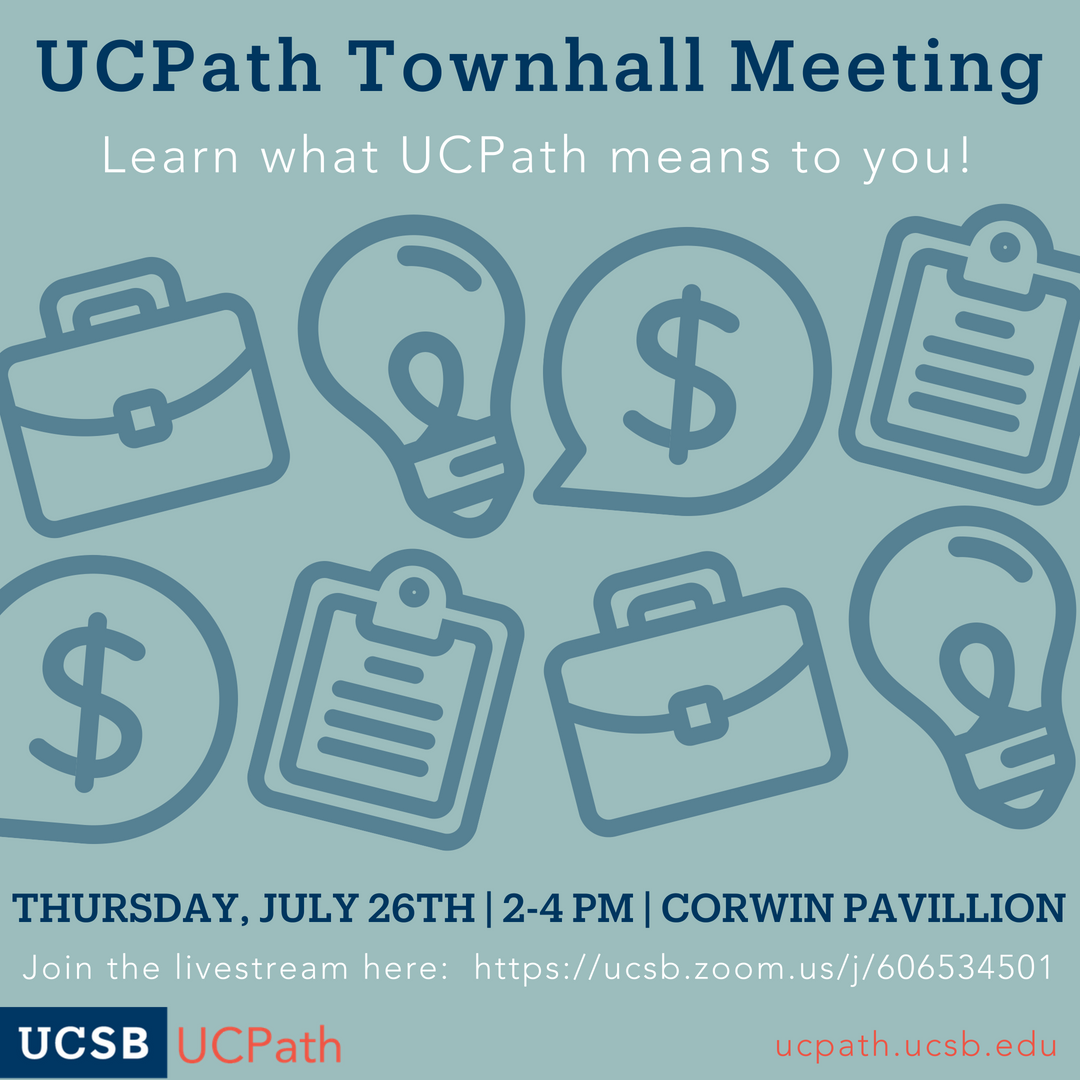 ucsbcsac's tweet photo. Don't forget to mark your calendars for THIS THURSDAY!  Find out how UCPath affects YOU out at #UCSB 's #UCPath Townhall!

This event is intended for all employees that have not previously attended UCPath Training or Readiness Roadshows.

Join live: https://t.co/UIeh6xoK0f https://t.co/wi1BMr2rjl