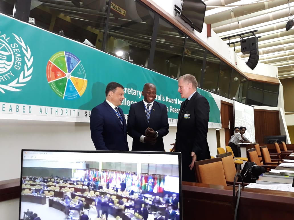 pcharlesjr's tweet photo. At the International Seabed Authority (ISA) General Assembly with President Prof. Mariusz Orion Jedrysek, Secretary General Michael Lodge & Jamaica's PermRep to ISA Dr. Kathy-Ann Brown before my presentation at the 24th Session.
#all4ja #Jamaica #service #pcharlesjr #SDGs https://t.co/pimUqhFbiq