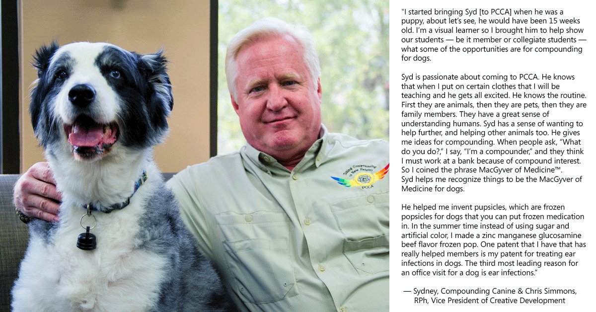 RT <a href="/pccarx/">PCCA</a>: "I started bringing Syd [to PCCA] when he was a puppy, about let’s see, he would have been 15 weeks old. I’m a visual learner so I brought him to help show our students...what some of the opportunities are for compounding for dogs."
#PeopleOfPCCA #AnEmployeeStory