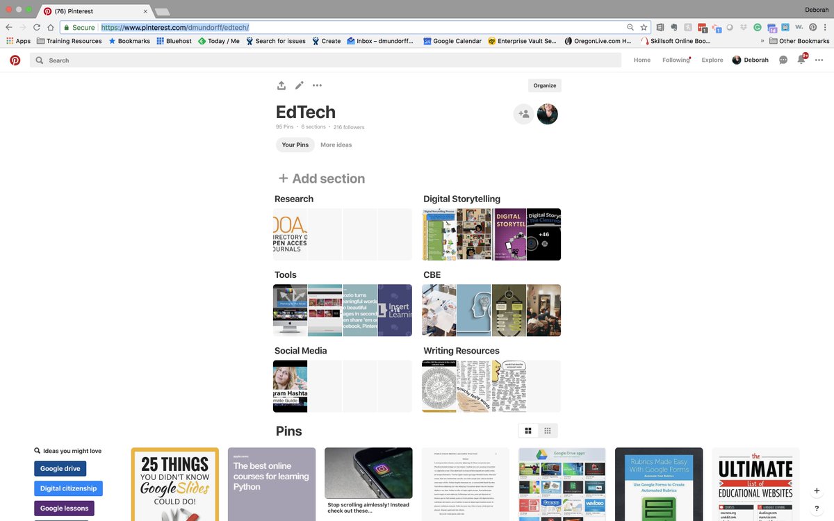 DeborahMundorff's tweet photo. Late to the party on this one, but loving Pinterest's organize feature. Each board can have sections. As an example, EDTech resources are now categorized in several subboards for areas of particular interest. #627sum18 https://t.co/QyEDkyuFg3 https://t.co/f8si2RfhBl