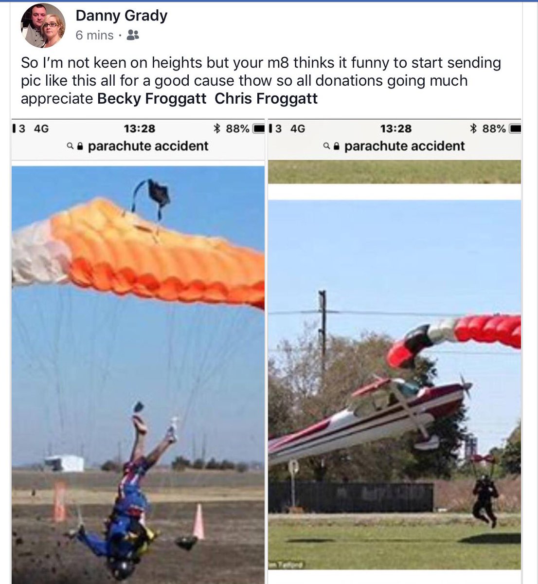 Meanwhile on Facebook you get tagged in this while preparing for a charity skydive 💩