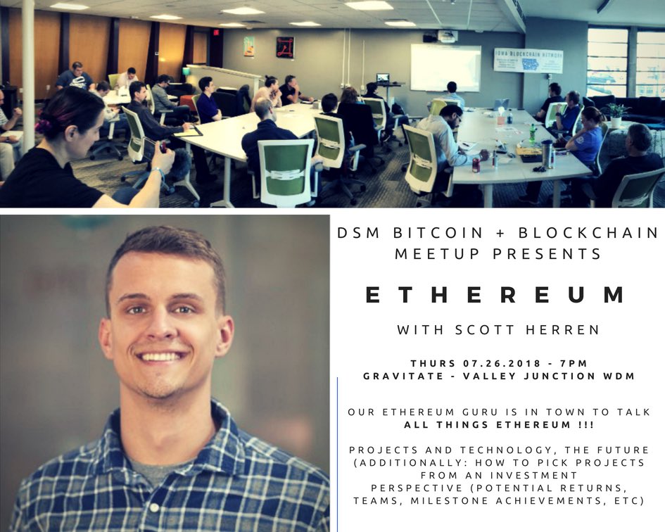 dsmblockchain's tweet photo. Join us Thursday, July 26th at 7PM at Gravitate in West Des Moines Valley Junction! 
Come early and enjoy the farmers market then join us inside as we talk #ETHEREUM with Scott Herren
All levels welcome, bring your questions! #bitcoin #blockchain
@scottrepreneur @gravitate #iowa https://t.co/q3G2XVgmcq