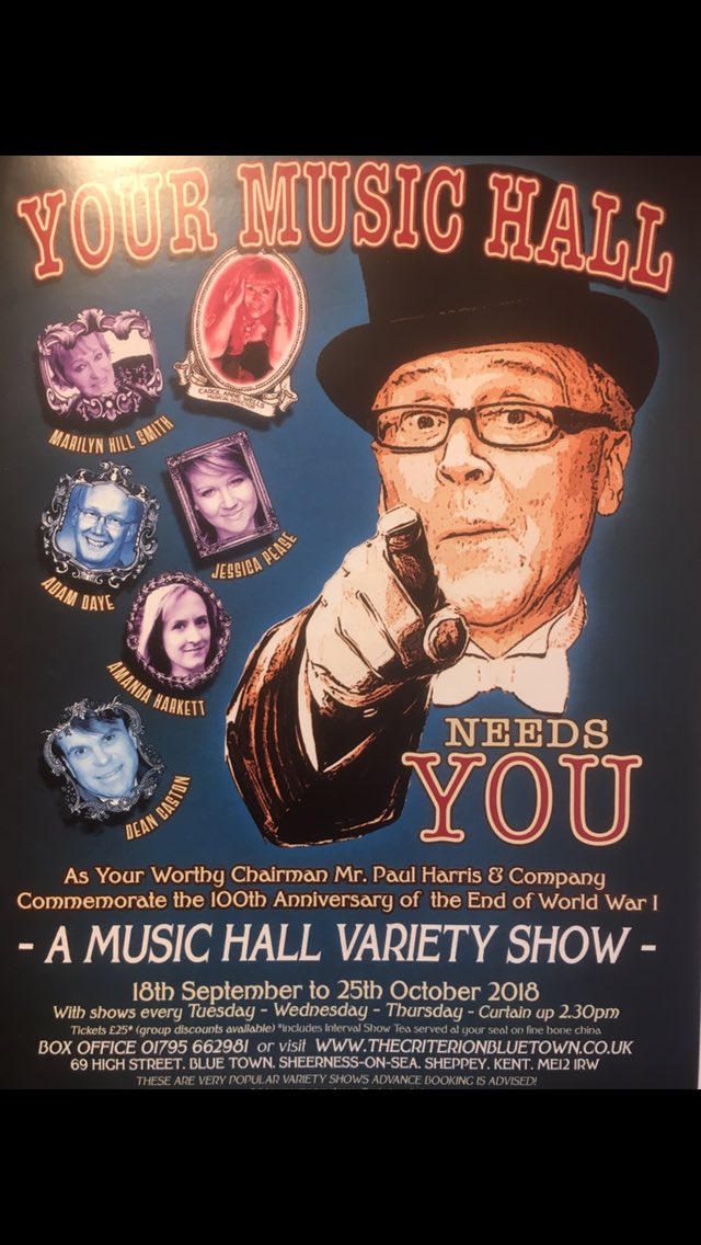 CriterionBlueTo's tweet image. Our autumn music hall will pay tribute to the men and women who served and gave their lives during WW1 and will have a rousing patriotic finale. The show opens on 18 Sept. So pack up your troubles in your old kit bag and phone 01795 662981 now to book your tickets #warsongs
