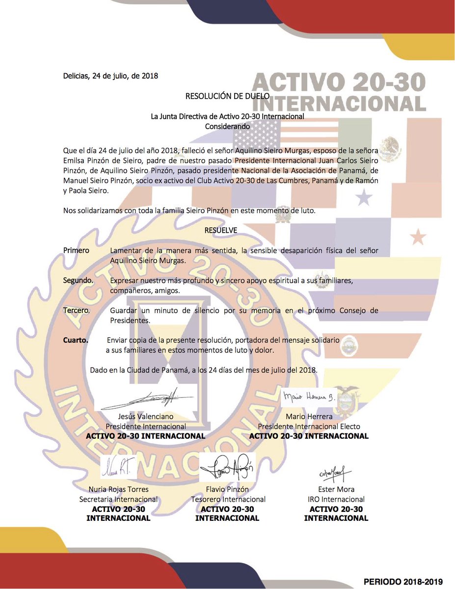 ✝️Lamentamos el fallecimiento del señor Aquilino Sieiro Murgas, padre de nuestro pasado Presidente Internacional Juan Carlos Sieiro Pinzón, de Aquilino Sieiro Pinzón, pasado presidente Nacional de la Asociación de Panamá, de Manuel Sieiro Pinzón, socio ex activo