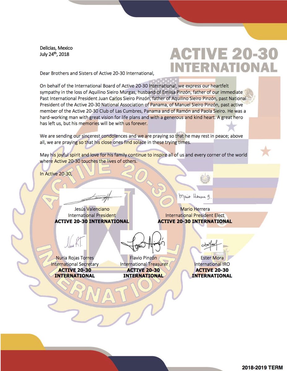 ✝️We express our heartfelt sympathy in the loss of Aquilino Sieiro, father of our Past International President <a href="/JuanCaSieiro/">Juan Carlos Sieiro P</a> Carlos Sieiro Pinzón, father of <a href="/asieiro/">AquilinoSieiroPinzón</a> S, past National President of the Active 20-30 Association of Panama, of <a href="/msieiro/">Manuel Sieiro Pinzón</a> , past active member.