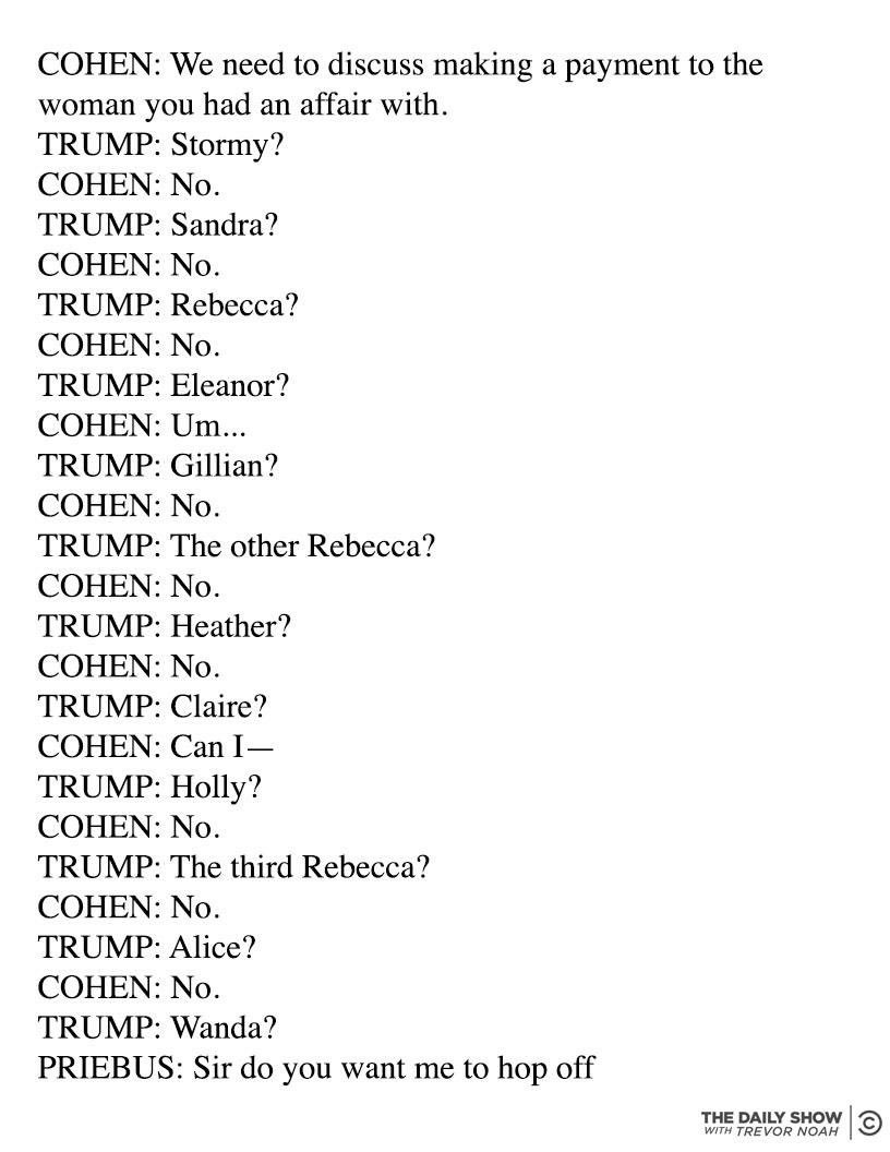 MsSassypants13's tweet image. LEAKED: Transcript of phone call between Donald Trump and Michael Cohen #Trump #MichaelCohen #Priebus #DailyShow