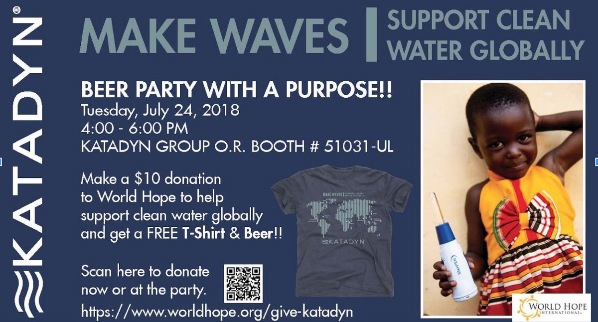 VerdeBrandComm's tweet photo. It's #HappyHour time at #ORSM18! Swing by the @katadyn booth from 4-6pm for a Beer Party With a Purpose! A $10 donation to @worldhopeorg to help support clean water globally gets you a t-shirt and free beer! #dogood https://t.co/9lwlTV2Yau